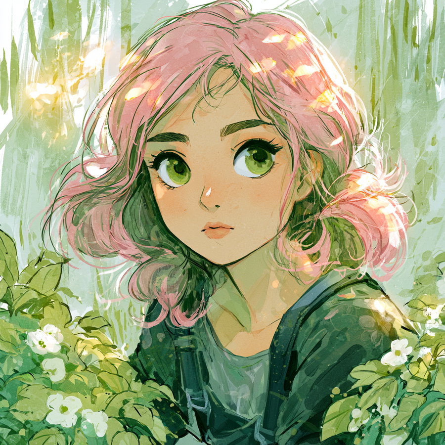 Digital illustration of a young girl with pink hair and green eyes surrounded by green foliage and white flowers in a soft, painterly style