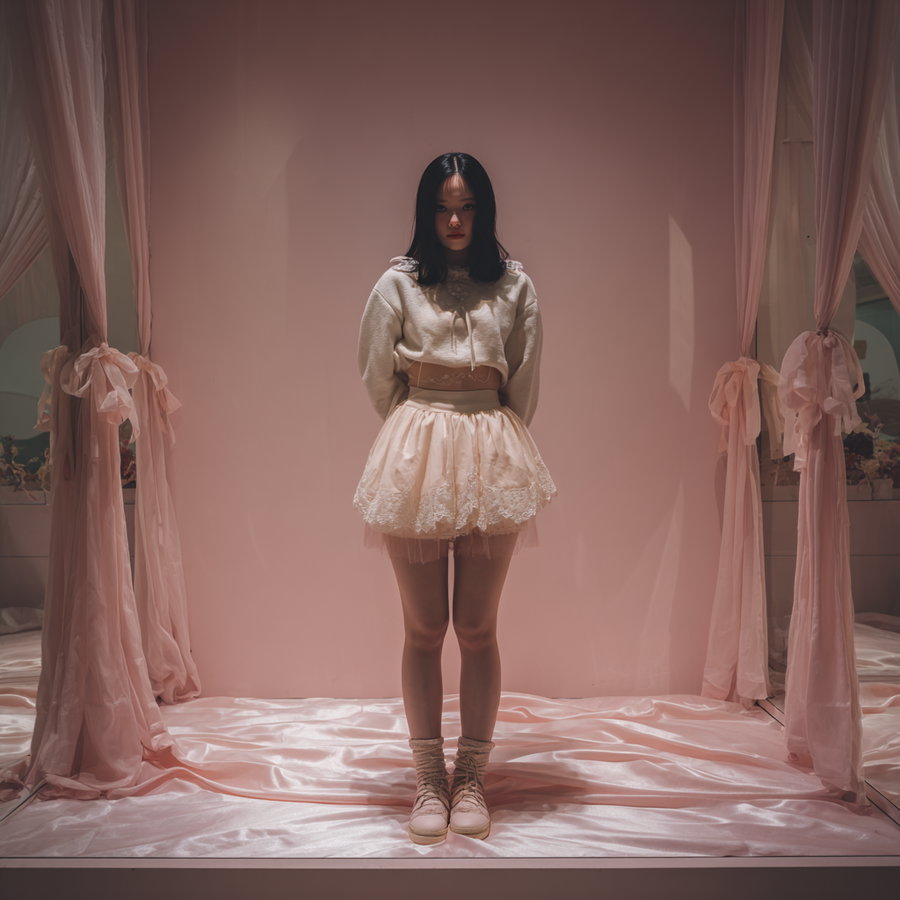 A young woman with black hair stands in the middle of a soft pink room, wearing a cream sweater and a lacy, light pink skirt. The floor and curtains are draped with satin-like pink fabric, creating a delicate and romantic atmosphere.