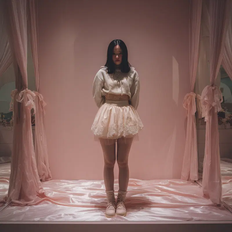 Young woman standing in soft pink romantic setting with vintage style