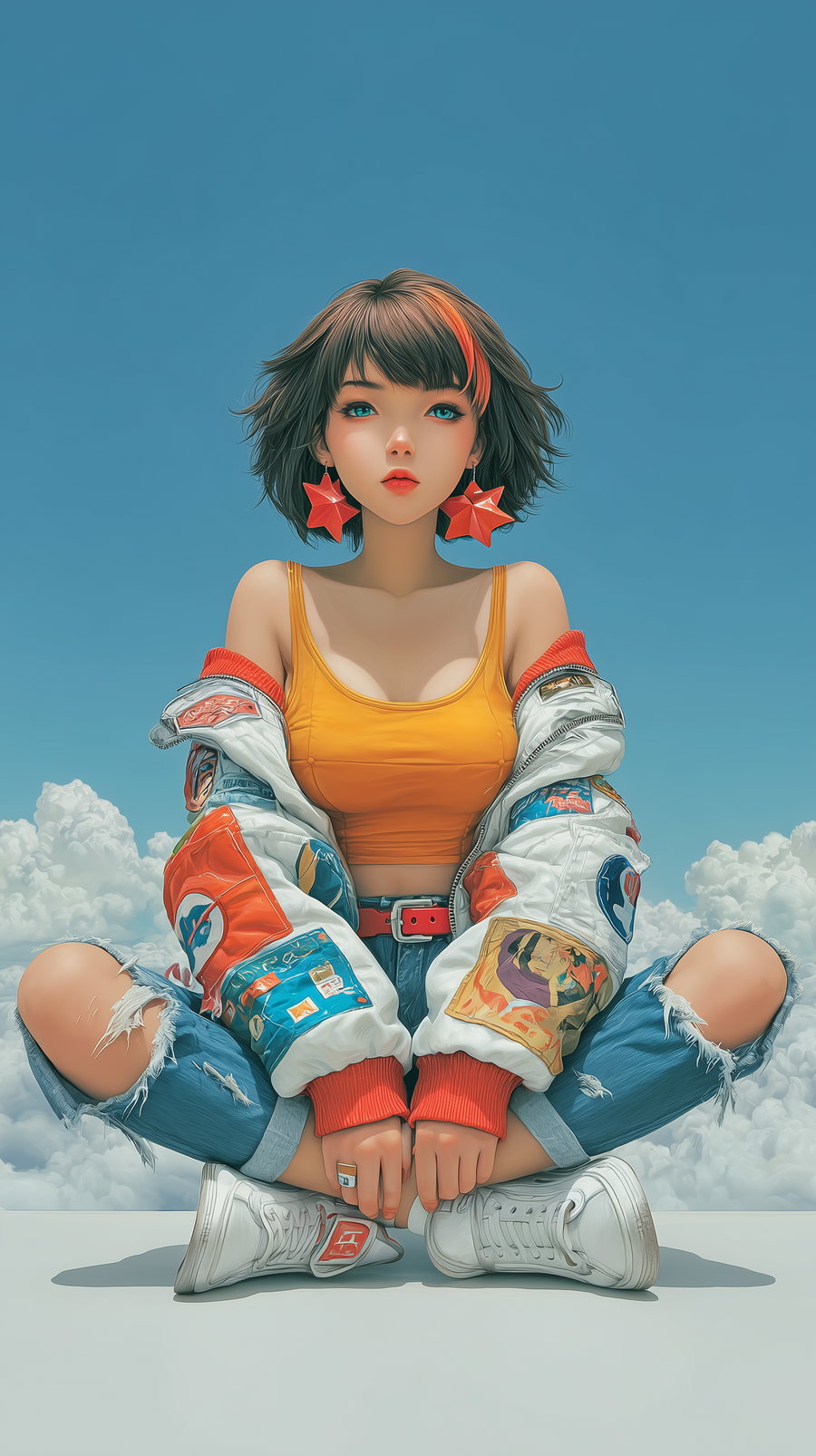 Digital art portrait of a young woman with short dark hair, orange streak, large red star earrings, orange top, and patched jacket sitting cross-legged against a blue sky with white clouds