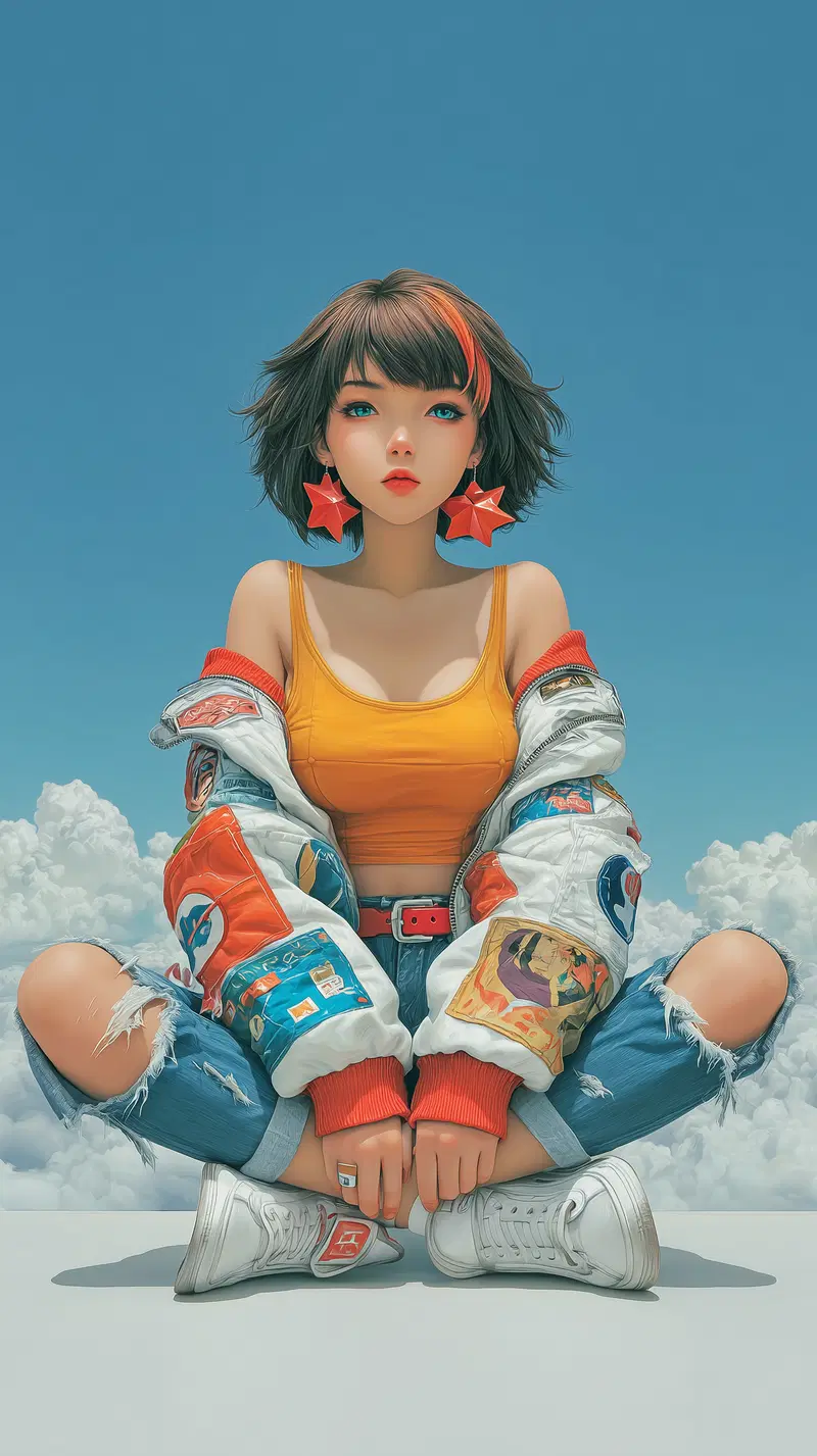 Vibrant digital portrait of a young woman in a colorful jacket and star earrings