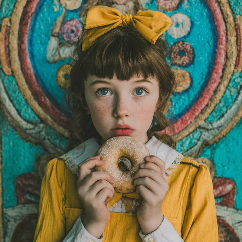 Young girl holding a sugar-coated donut against a colorful mural background
