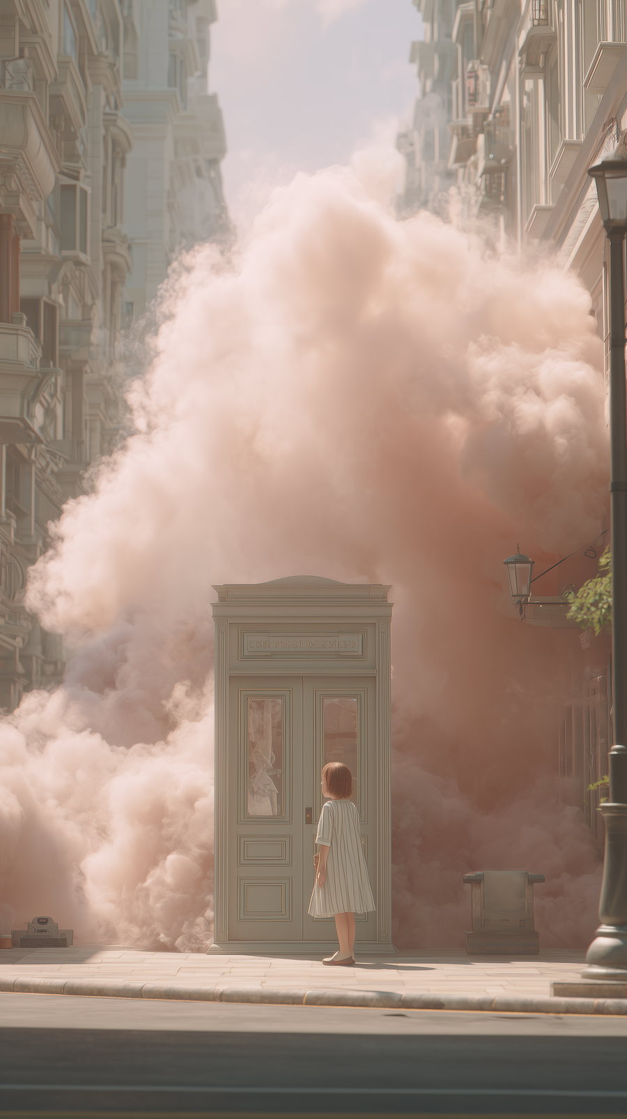 A young girl in a striped dress stands on a city sidewalk facing a vintage door with glass panels surrounded by thick clouds of pink smoke filling the narrow street