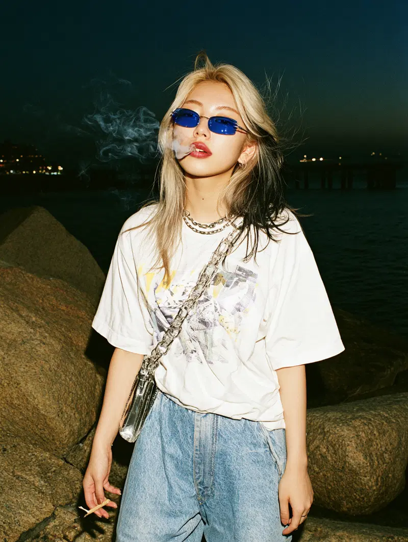 Edgy nighttime portrait of a young woman with stylish sunglasses and casual outfit