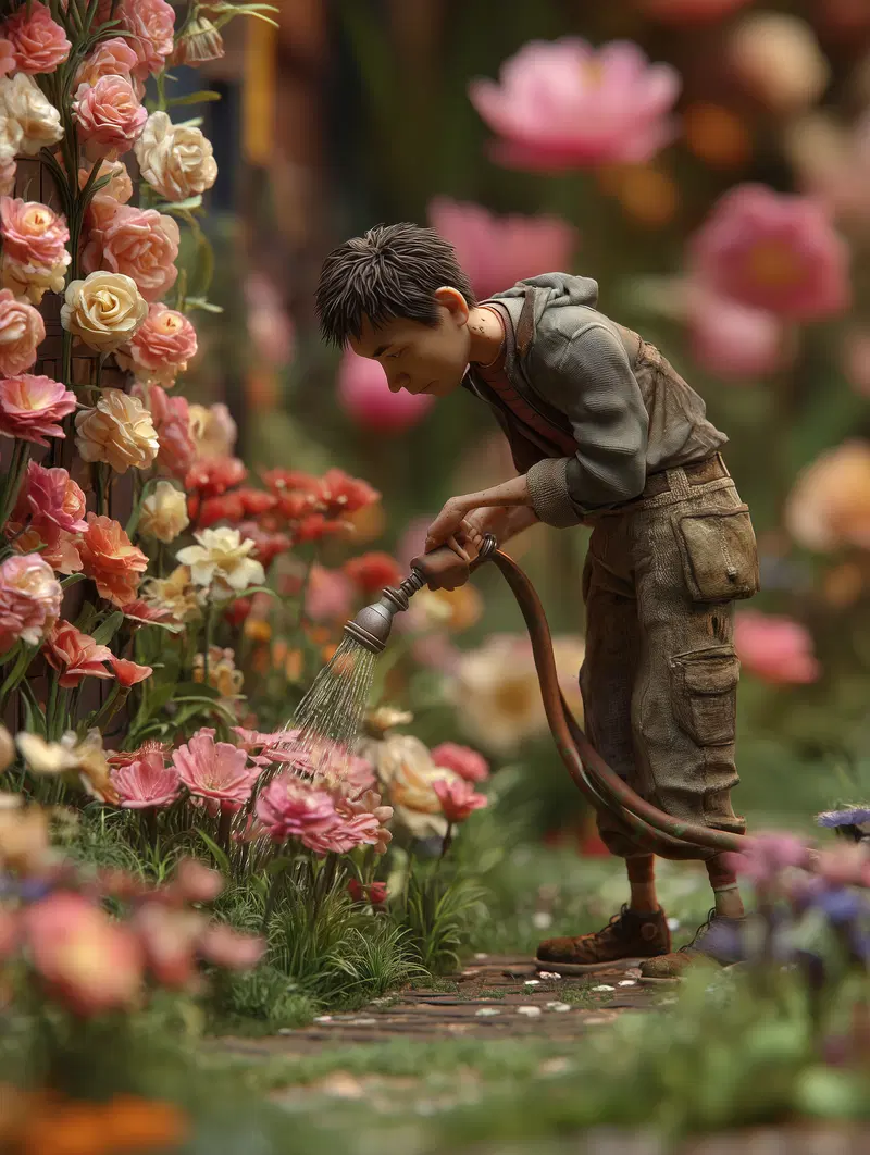 Detailed Illustration of a Young Person Watering Pink and Cream Flowers in a Garden