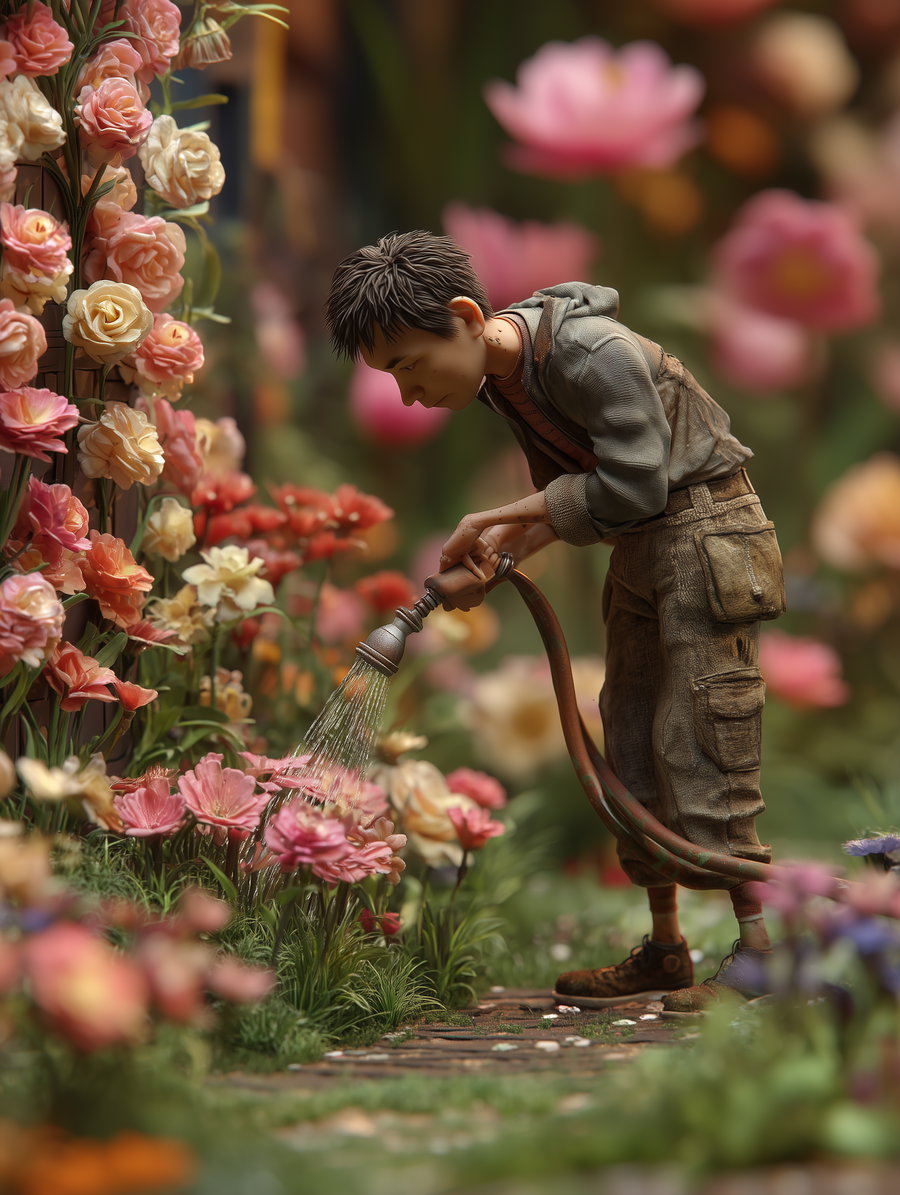 A young person in casual clothes and boots watering pink and cream flowers in a garden with a hose, surrounded by lush colorful flowers and greenery, with a soft, blurred background.