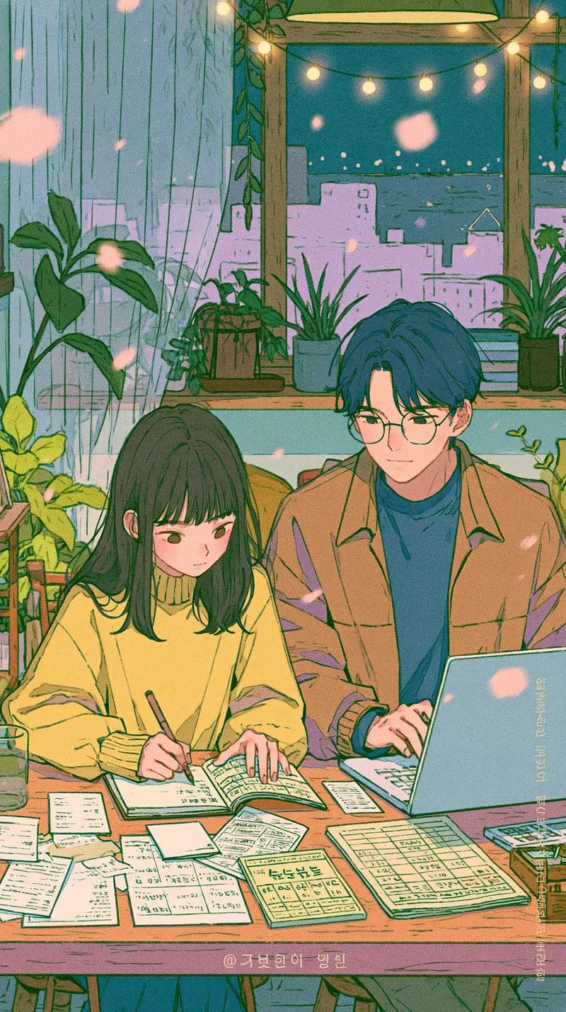 Cozy indoor scene of two young people studying with plants and city view