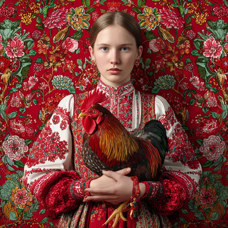 Portrait of a young woman in traditional attire holding a rooster with floral vintage background