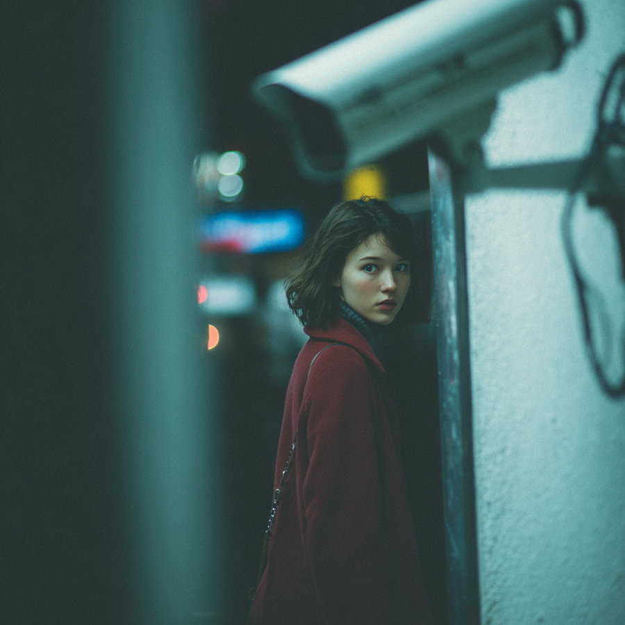 A woman in a red coat standing next to a wall with a visible security camera above, captured with a moody, dimly lit urban background featuring blurred lights.