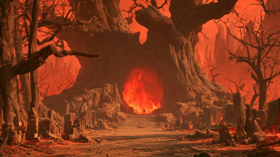 A dark fantasy scene with twisted trees and a large molten cave glowing intensely with fire, surrounded by charred and cracked land under a red sky.