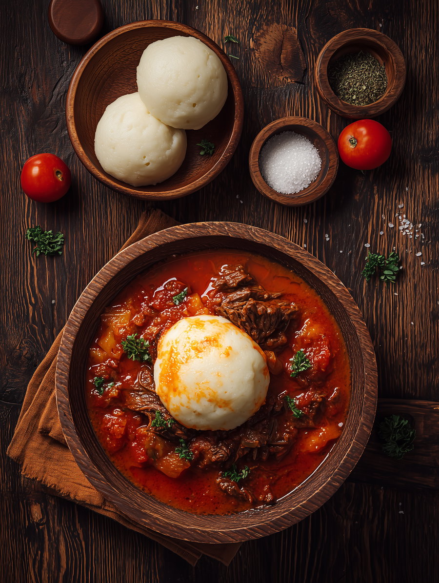 Top view of a rustic wooden table with a bowl of fufu and spicy stew garnished with greens, two fresh tomatoes, bowls of salt and herbs, and scattered parsley leaves.