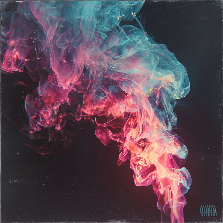 Colorful abstract image featuring swirling pink, purple, and blue smoke against a dark background