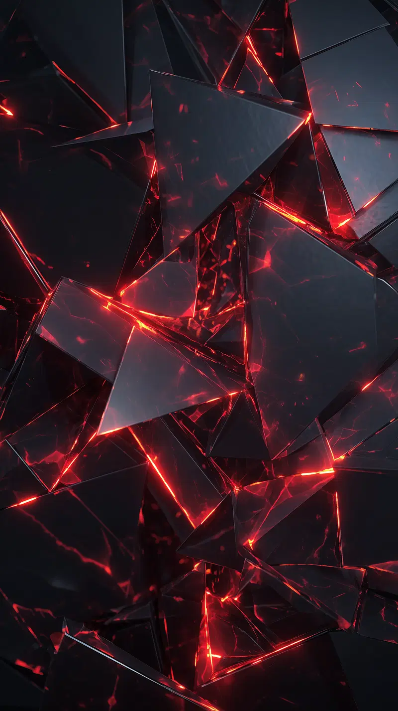 Abstract black fractured shapes with glowing red light accents