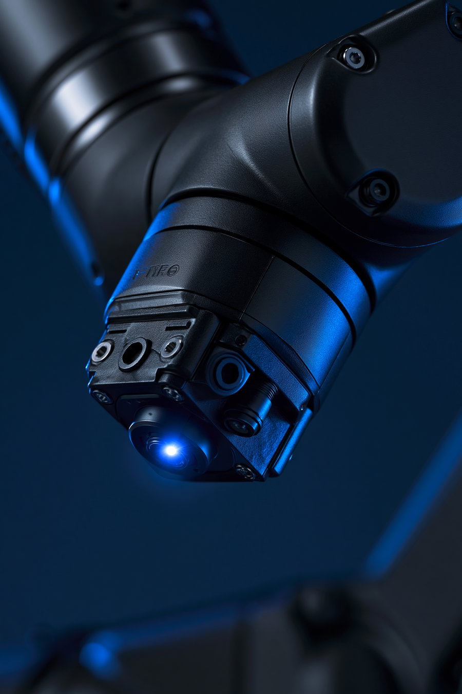 Detailed close-up image of a dark metallic robotic arm with a small blue light illuminated on its joint against a dark blue background