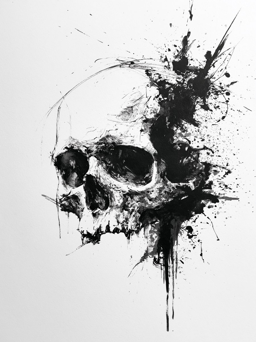 An abstract black ink painting of a skull with splatters and brush strokes on a white background
