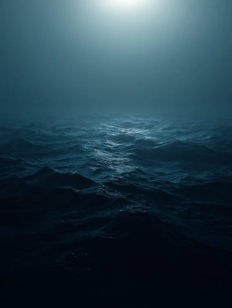 Moody seascape with deep blue water and dim light reflection