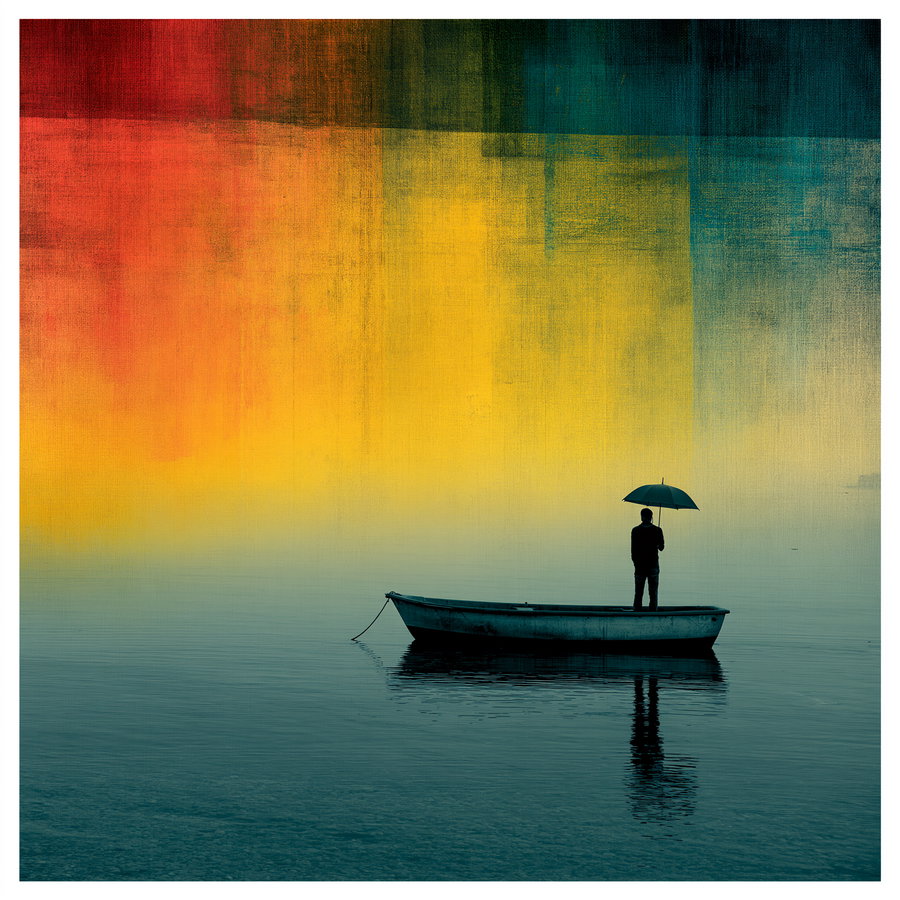 A person standing on a small boat holding an umbrella with a blurred colorful background in shades of red, yellow, and blue, reflected in calm water.