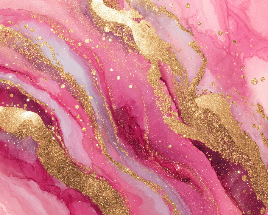 Abstract art featuring pink, purple, and gold marbled fluid design with glitter texture and flowing layers