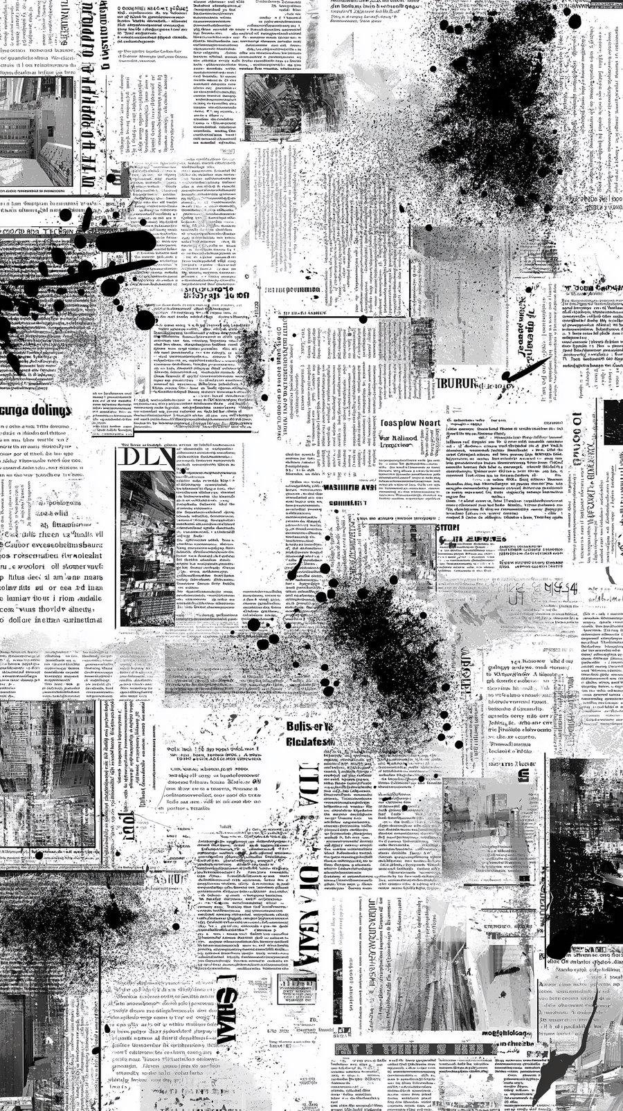 A collage of black and white newspaper clippings, text blocks, and vintage photos with large ink splatter accents scattered throughout.