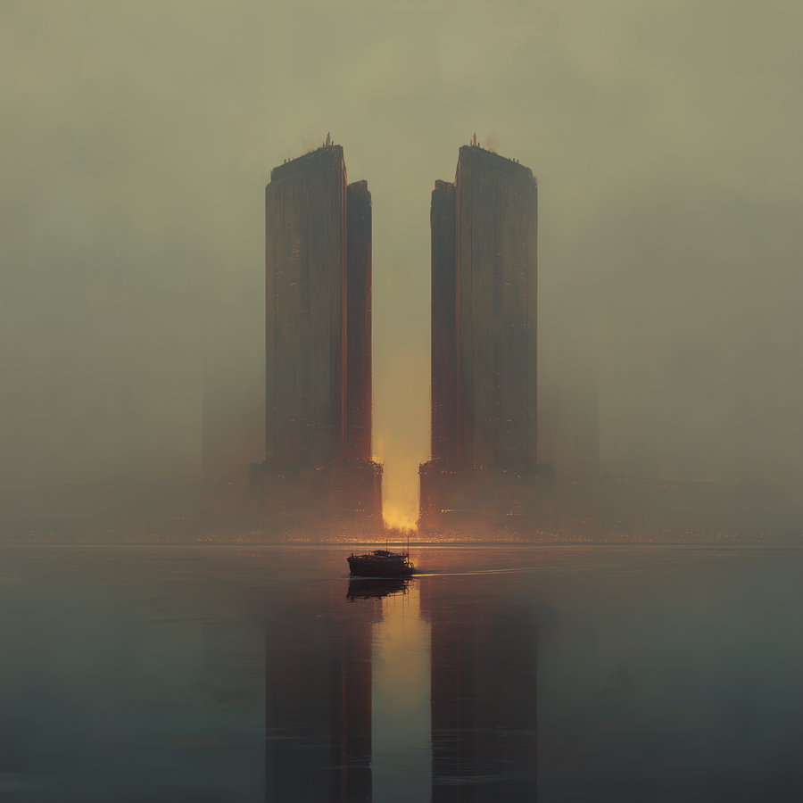 Dark, foggy cityscape with two tall buildings glowing with orange light and a boat on calm water reflecting the scene