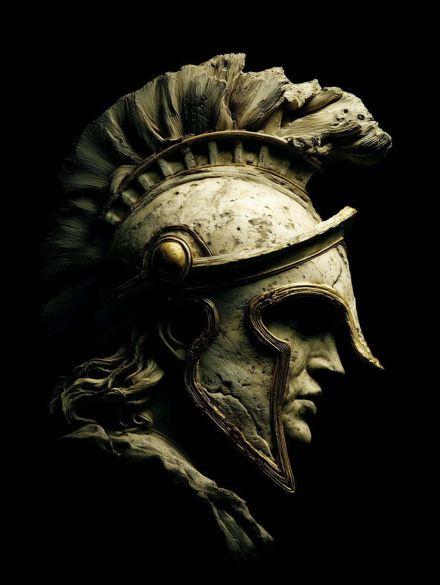 Side view of a classical stone sculpture of a warrior in an ancient crested helmet with gold trim, against a black background
