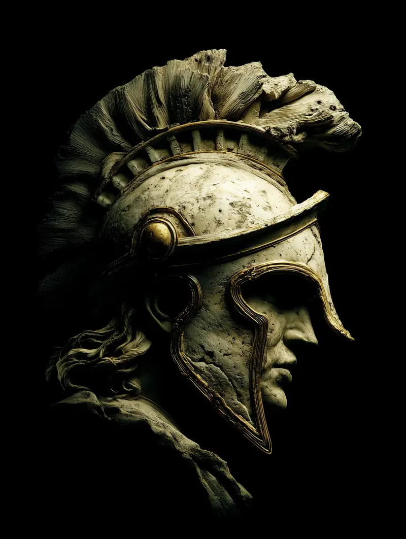 Detailed sculpture of a classical warrior wearing an ancient helmet