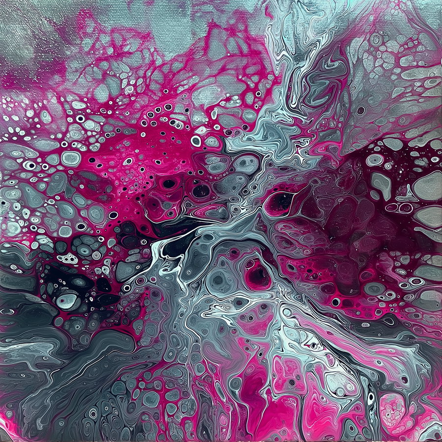 Abstract artwork featuring swirling cells and fluid patterns in bright magenta, shades of gray, black, and white