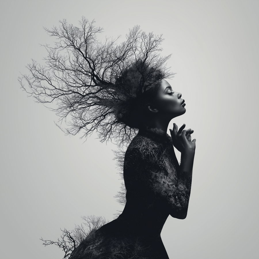 Black and white artistic silhouette of a woman with tree branches extending from her head and body against a grey background