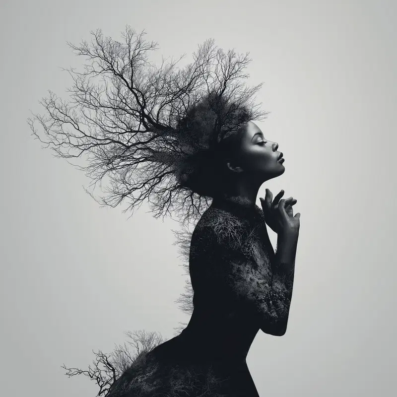Moody monochrome artwork of a woman with tree branches merging with her silhouette