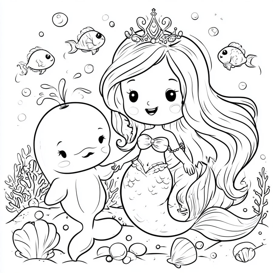 Outline illustration of a cute mermaid with long flowing hair and a crown holding hands with a smiling whale, surrounded by fish, shells, coral, and bubbles underwater.