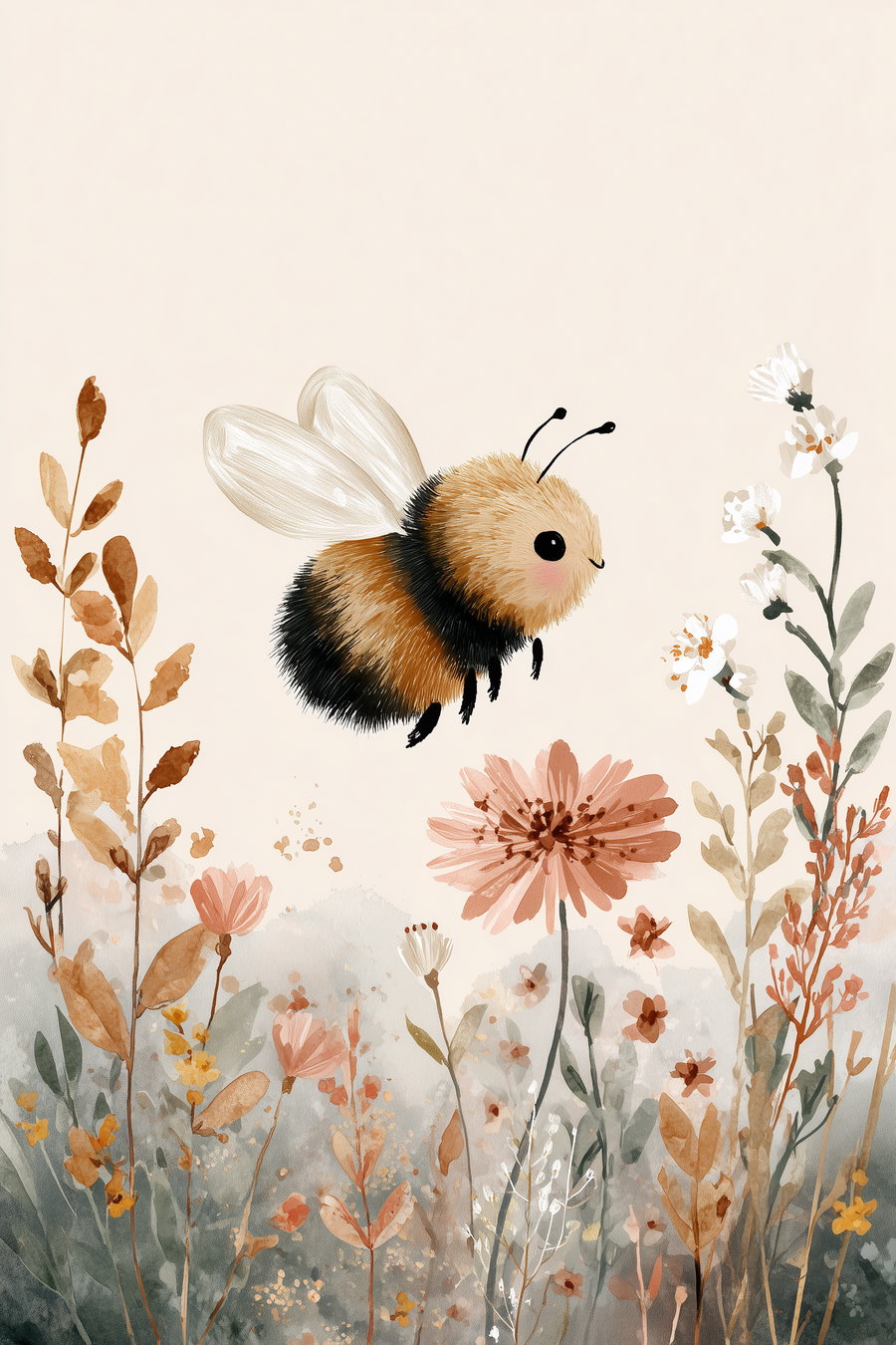 Illustration of a fluffy bumblebee flying above various wildflowers and foliage in soft earthy tones