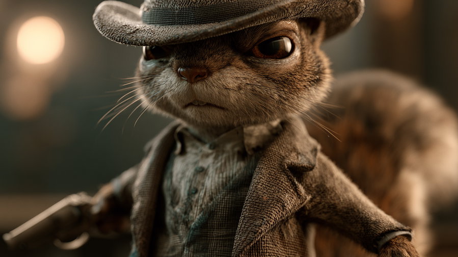 Close-up of a realistic squirrel dressed in a textured vintage jacket and hat, holding a gun with an intense expression