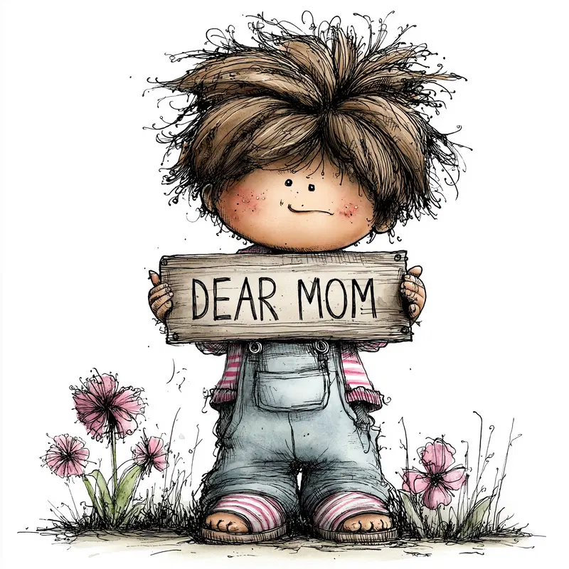Adorable child holding a Dear Mom sign with floral accents illustration
