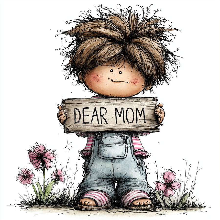 Illustration of a small child with tousled brown hair wearing striped clothes and overalls, holding a wooden sign that says Dear Mom, standing among pink flowers