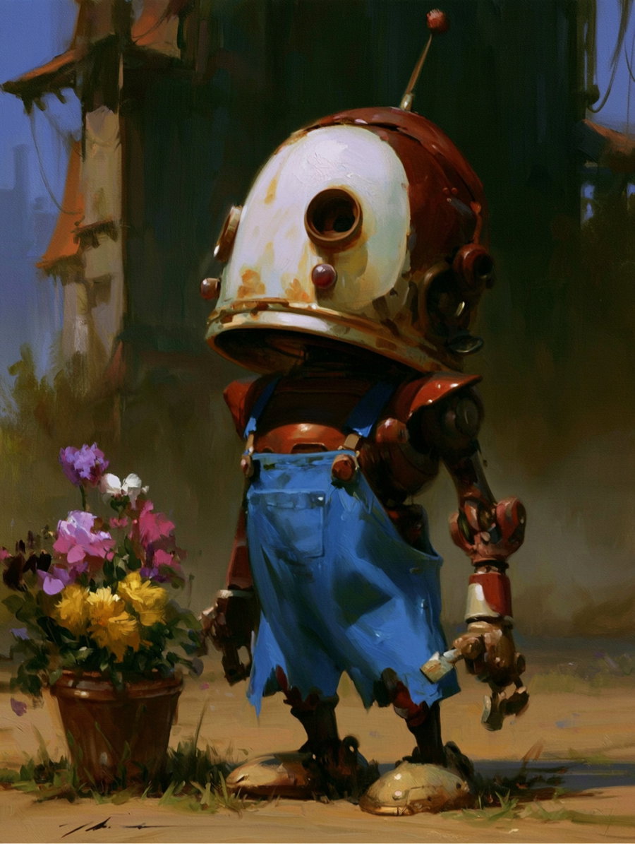 Artistic painting of a small robot with a large rounded head and blue overalls standing beside a pot of colorful flowers outdoors