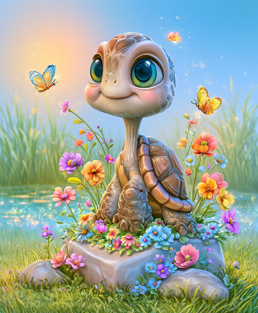 A charming baby turtle with large expressive eyes sits on a rock surrounded by vibrant flowers, with three butterflies fluttering nearby against a soft blue sky and greenery background.