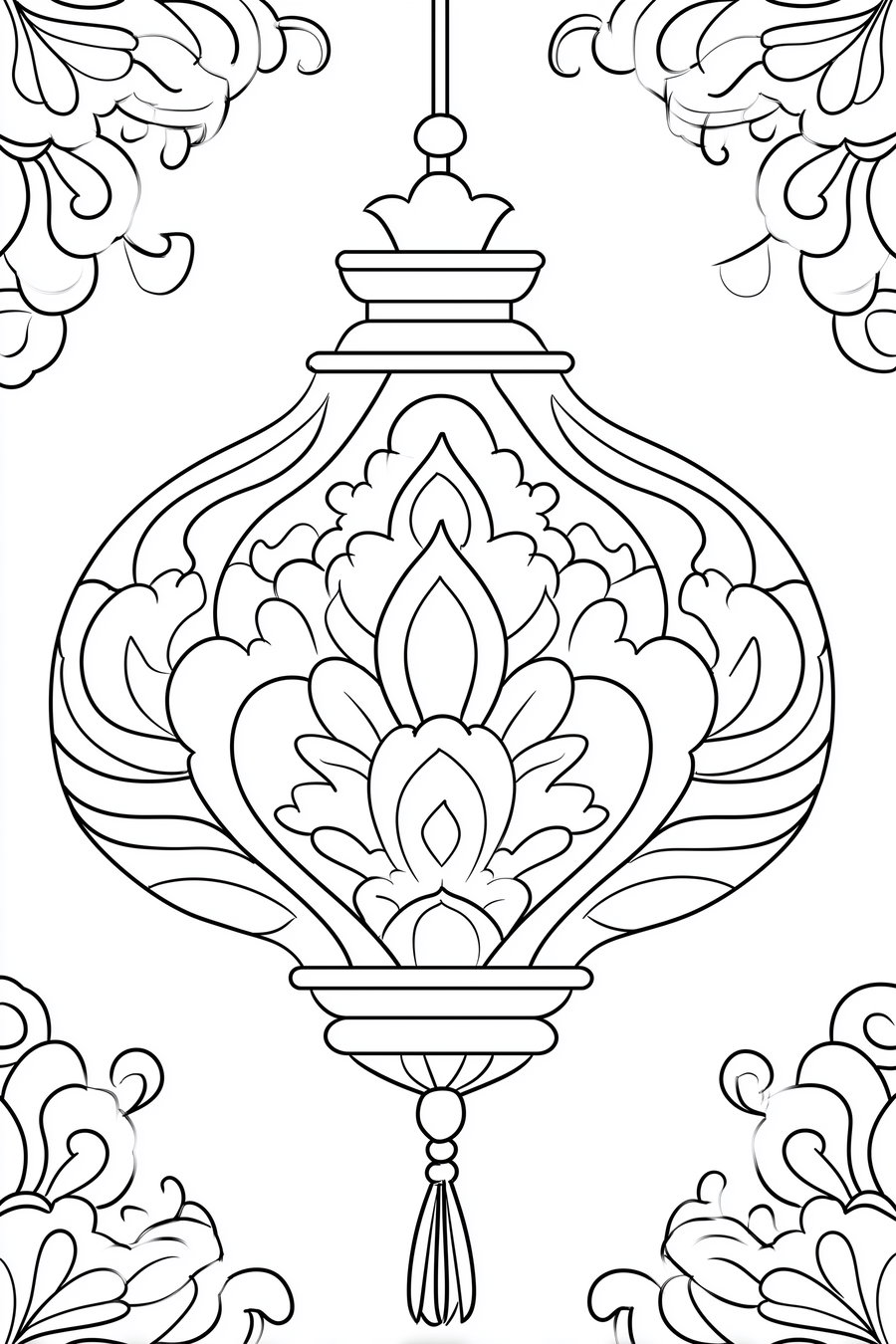 Black and white line art illustration of an ornate hanging lantern with intricate floral and abstract patterns surrounding it on a white background