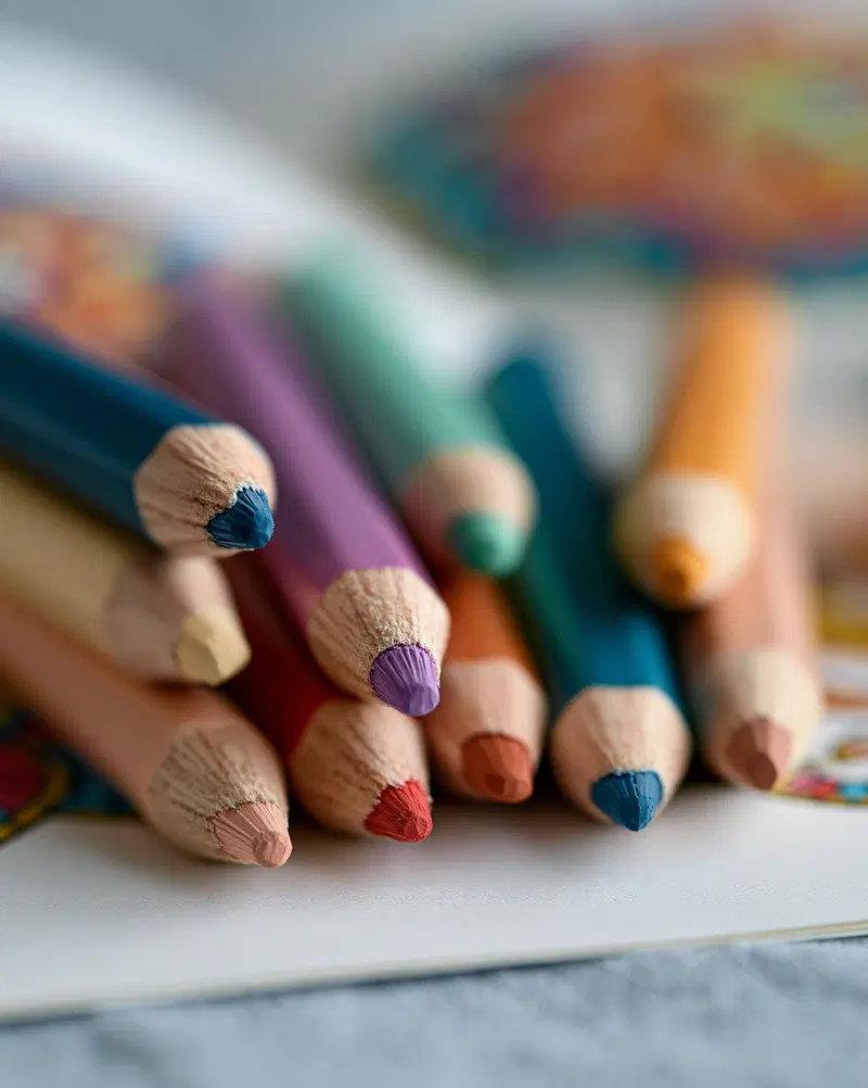 Close-up of colorful pencil tips resting on an open book