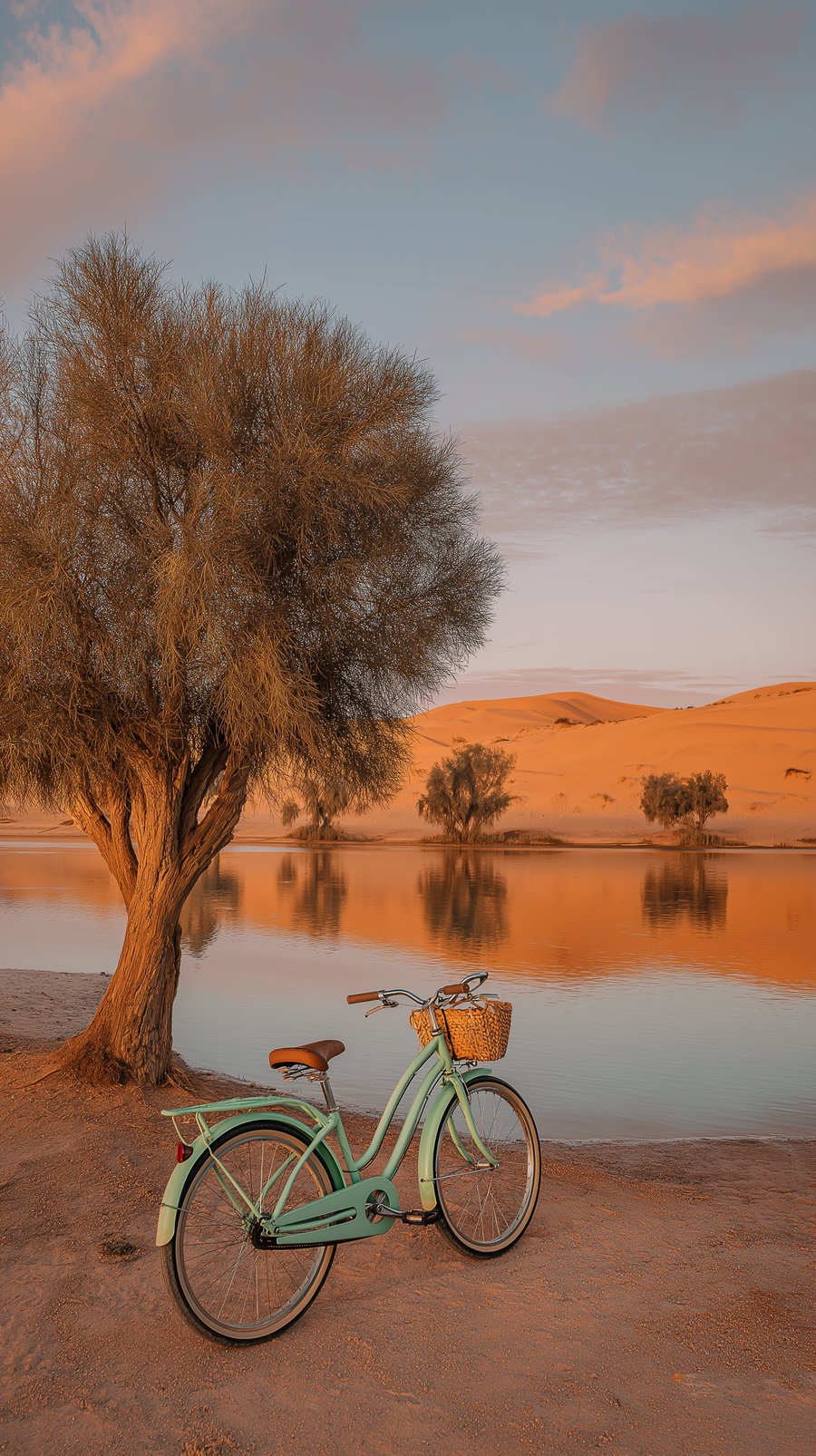 A mint green bicycle with a wicker basket parked near a tree by a calm lake reflecting surrounding trees and sand dunes under a pinkish sky at sunset