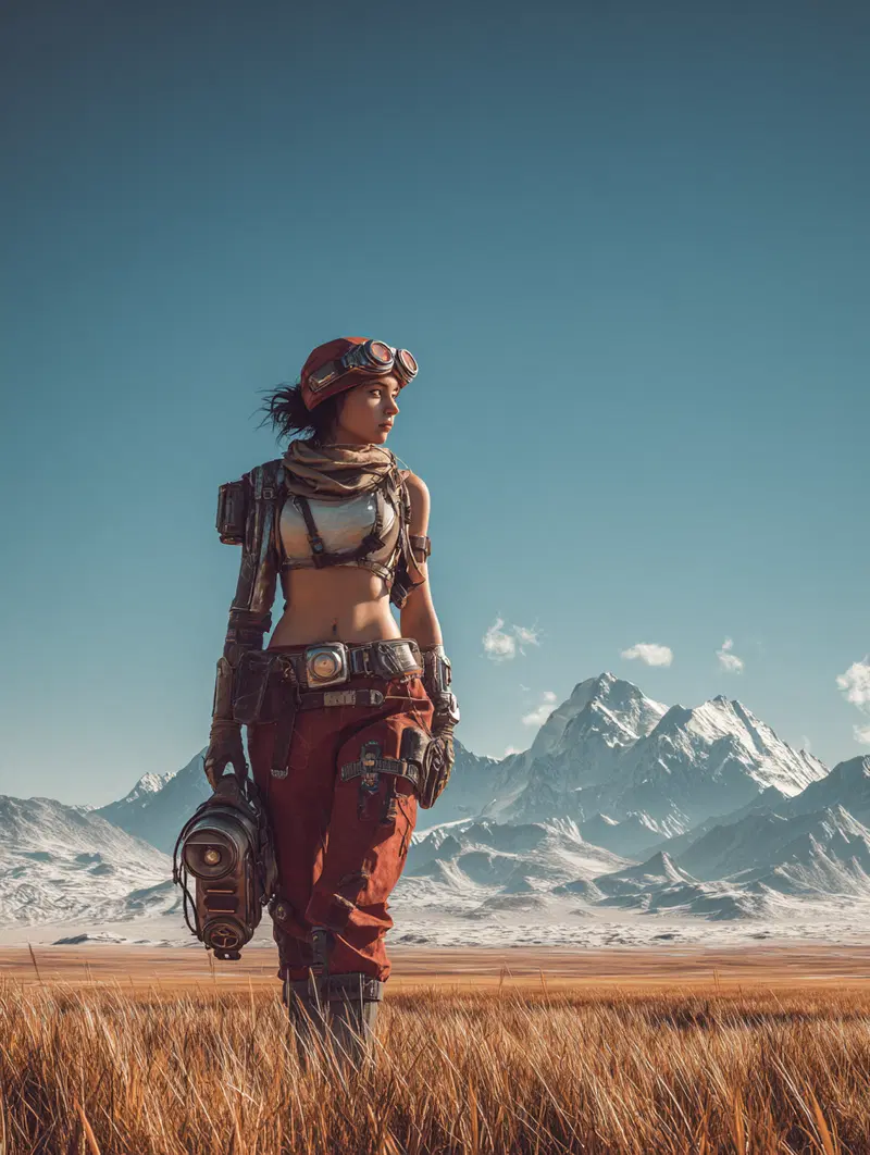 Female explorer in rugged gear standing in an open field with mountains in the background