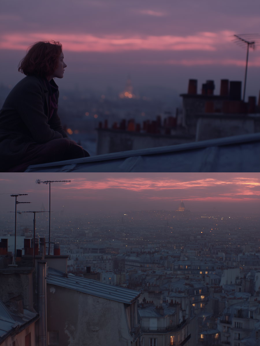 A split image showing a side profile of a person sitting on a rooftop looking into the distance at a cityscape under a purple and pink moody sunset sky, with rooftops and TV antennas in a quiet urban setting.