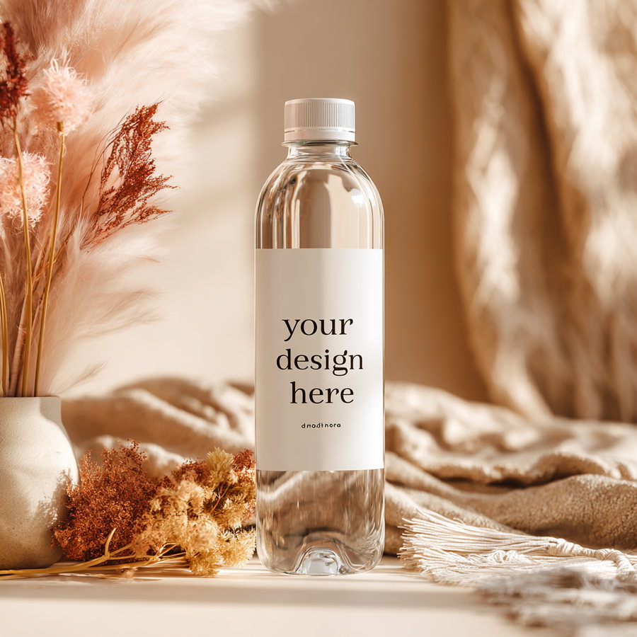 A clear plastic bottle with a white label that reads your design here, placed on a beige surface with brown and beige dried flowers, a beige vase, and a knitted textured fabric in the background