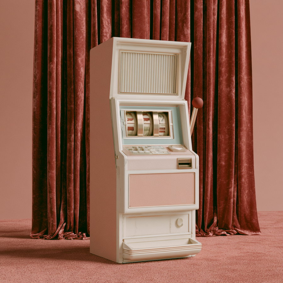 A vintage slot machine with a cream and pastel pink color palette placed on a textured pink carpet with burgundy velvet curtains in the background