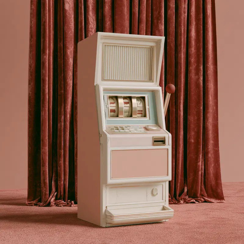 Vintage slot machine in pastel tones with velvet curtain backdrop