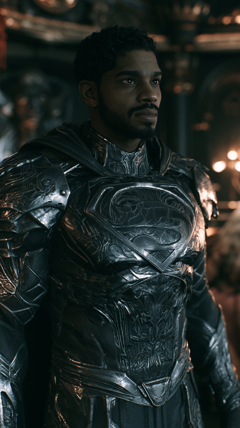 A close-up portrait of a man with short curly hair and a beard wearing detailed metallic armor featuring a prominent superhero emblem on the chest, standing indoors with warm lighting in the background.