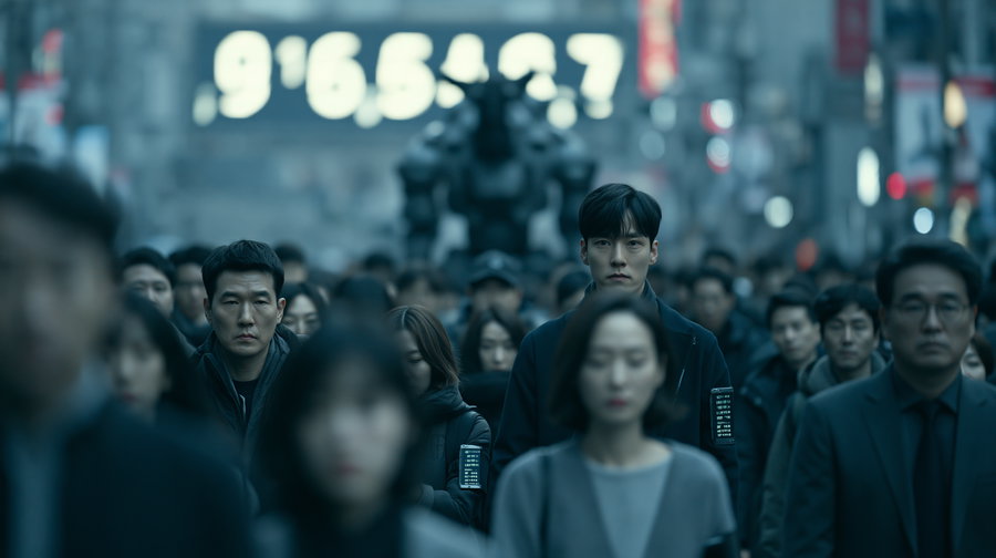 A crowded urban street scene with a group of people looking serious and somber, illuminated by cool and muted lighting, with an out-of-focus digital clock showing 9:65:47 in the background