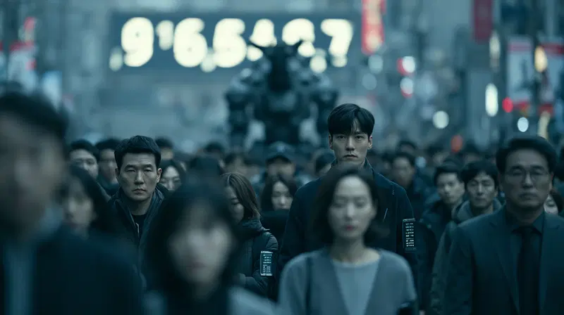 Moody urban scene with somber crowd in a city street under digital clock