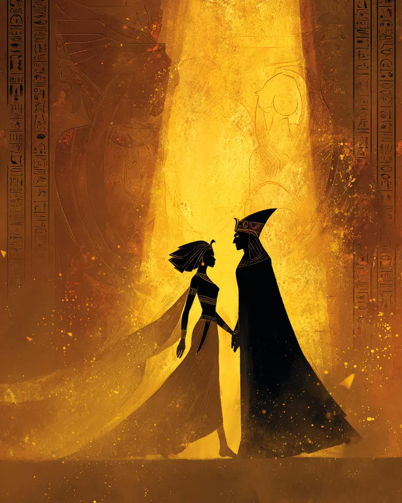 Artistic depiction of Egyptian royal figures in silhouette with golden background