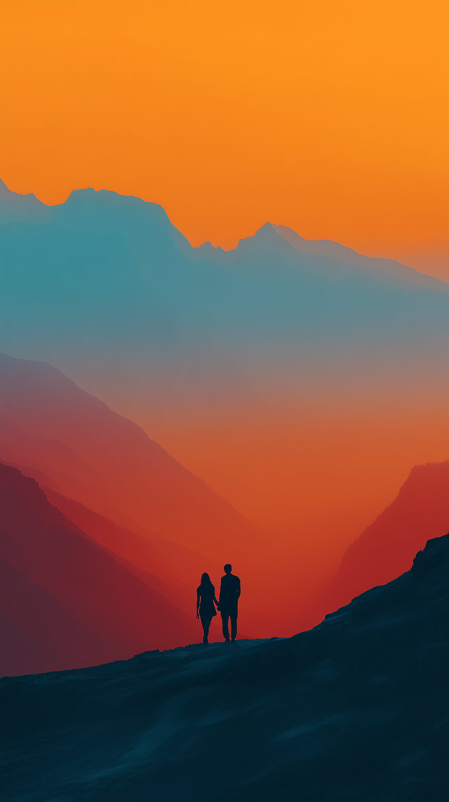 Silhouetted man and woman holding hands standing on a mountain ridge at sunset with layers of misty mountains in shades of orange and blue in the background