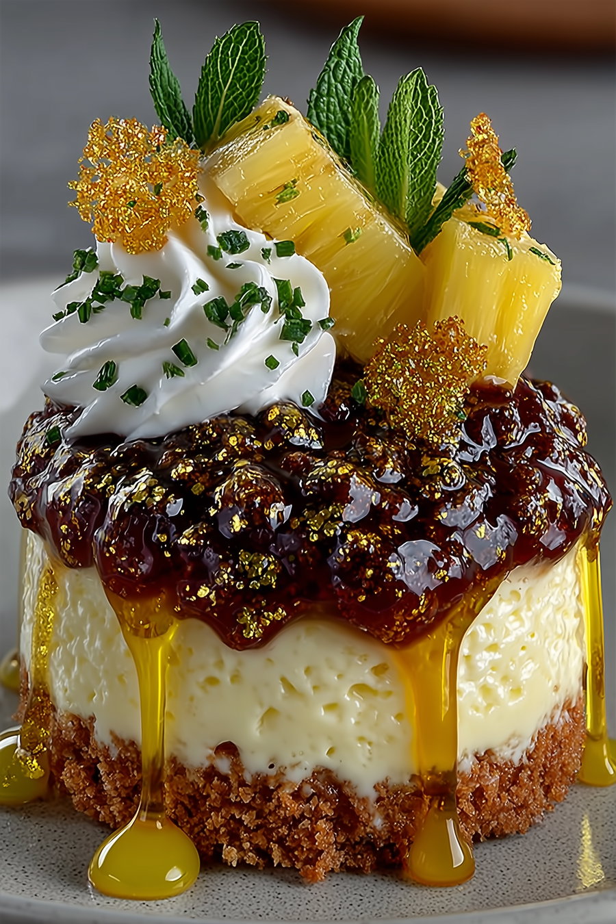 Close-up image of a creamy dessert topped with caramel sauce, whipped cream, pineapple chunks, mint leaves, and golden sugar decorations on a plate